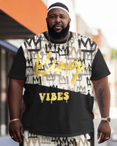 Men's Large Size Street King Vibes Color Block Graffiti Short Sleeve Shorts Suit